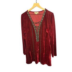 Listicle Womens Burgundy Velvet Lace-Up Blouse Dress M‎